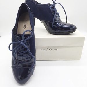 Anne Klein Patent Navy Leather and Suede Booties
